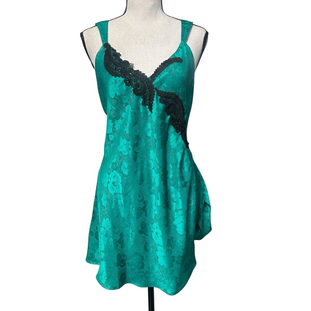 Vintage Victoria’s Secret Green Jacquard Slip Dress Lace Trim Size M/L